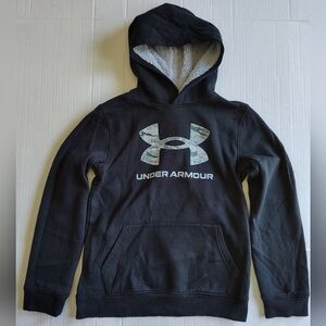 Under Armour Boys Youth Large Loose Black Gray Fleece Hoodie Pockets